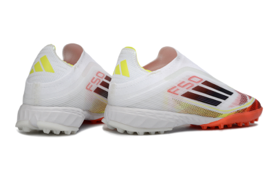 Adidas F50 Pro Laceless TF Artificial Turf Soccer Shoes - White/Vibrant Orange/Sunny Yellow