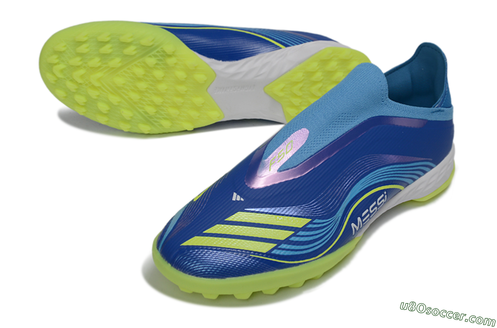 Messi x Adidas F50 Pro Laceless TF Artificial Turf Soccer Shoes - Blue/Lime Green/Light Blue 3