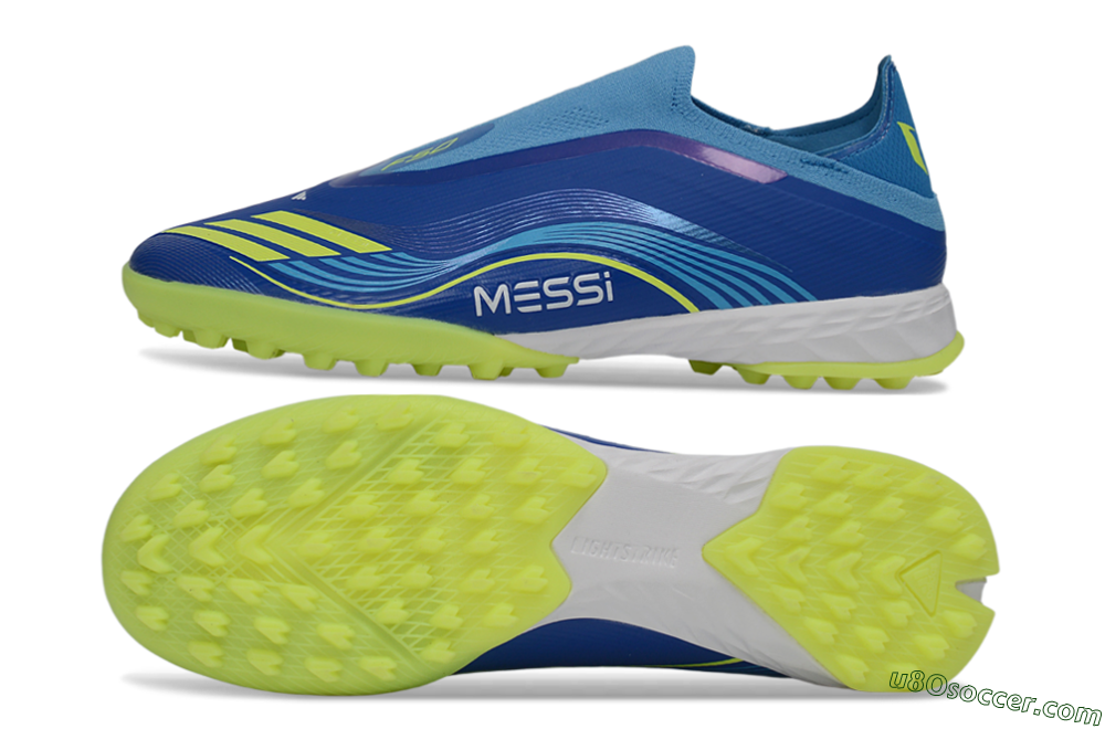 Messi x Adidas F50 Pro Laceless TF Artificial Turf Soccer Shoes - Blue/Lime Green/Light Blue 0