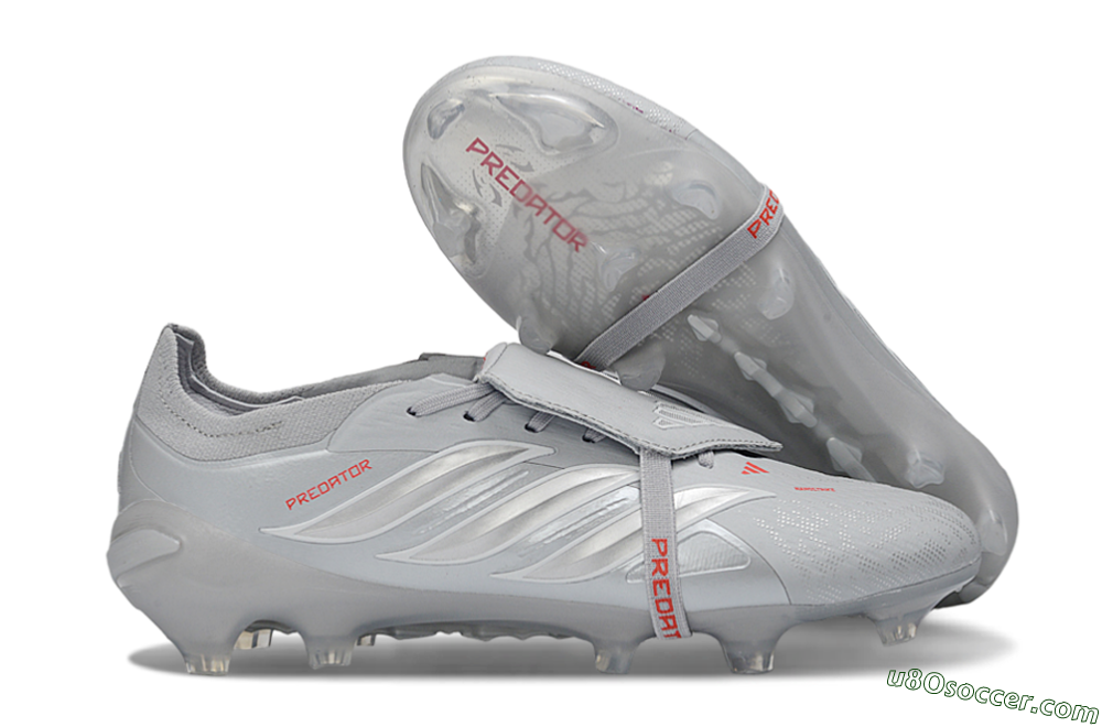 Adidas Predator 26 Elite Fold-Over Tongue FG Firm Ground Soccer Cleats - Gray/Metallic Silver/Crimson Red 1