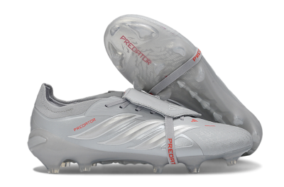 Adidas Predator 26 Elite Fold-Over Tongue FG Firm Ground Soccer Cleats - Gray/Metallic Silver/Crimson Red