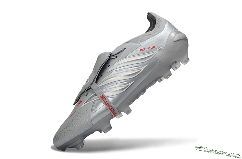 Adidas Predator 26 Elite Fold-Over Tongue FG Firm Ground Soccer Cleats - Gray/Metallic Silver/Crimson Red 5