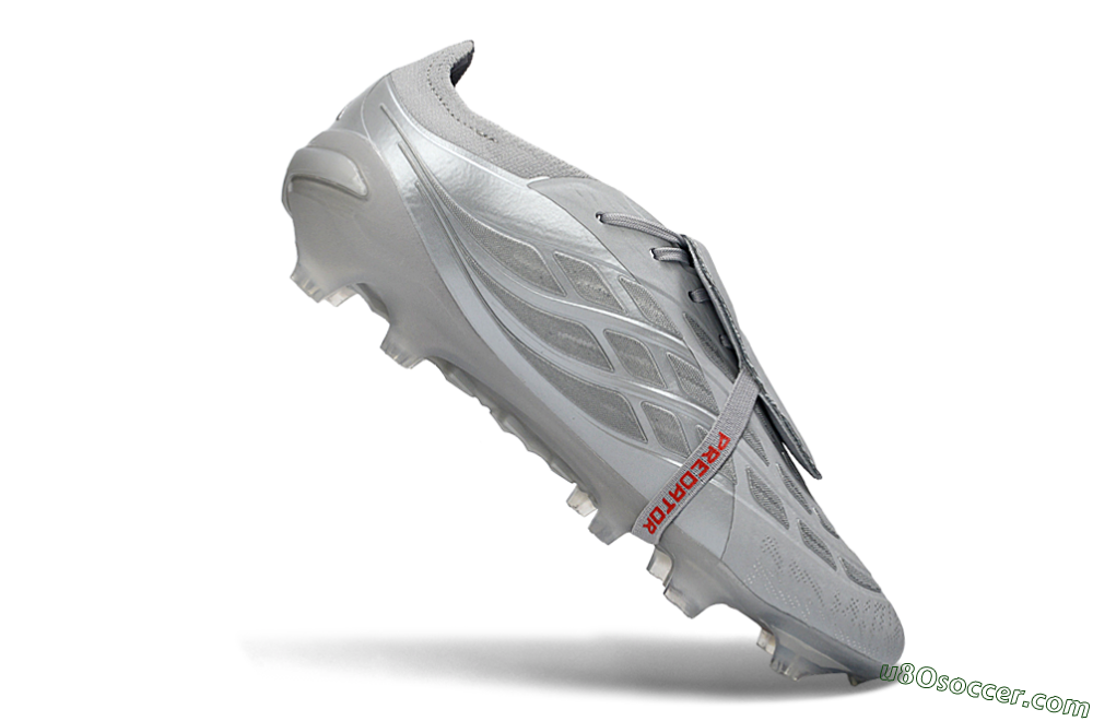 Adidas Predator 26 Elite Fold-Over Tongue FG Firm Ground Soccer Cleats - Gray/Metallic Silver/Crimson Red 4