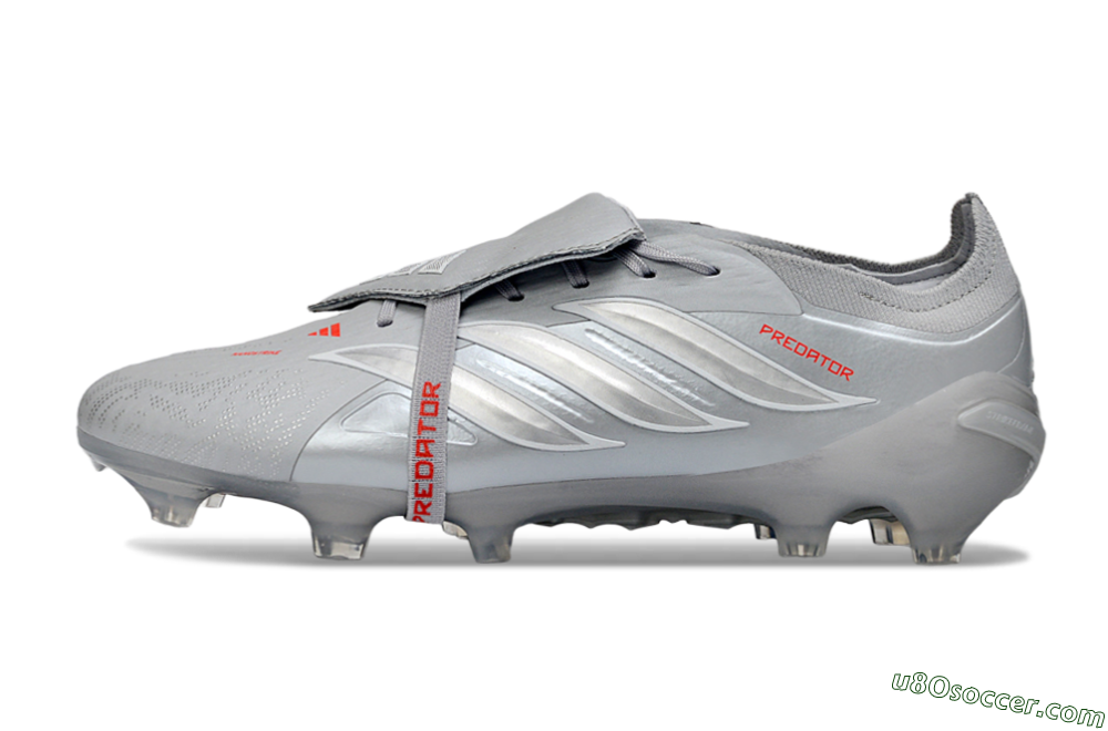 Adidas Predator 26 Elite Fold-Over Tongue FG Firm Ground Soccer Cleats - Gray/Metallic Silver/Crimson Red 2