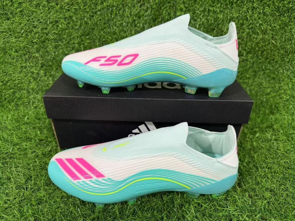 Messi x Adidas F50 Elite Laceless FG Firm Ground Soccer Cleats - Aqua/Neon Green/Pink