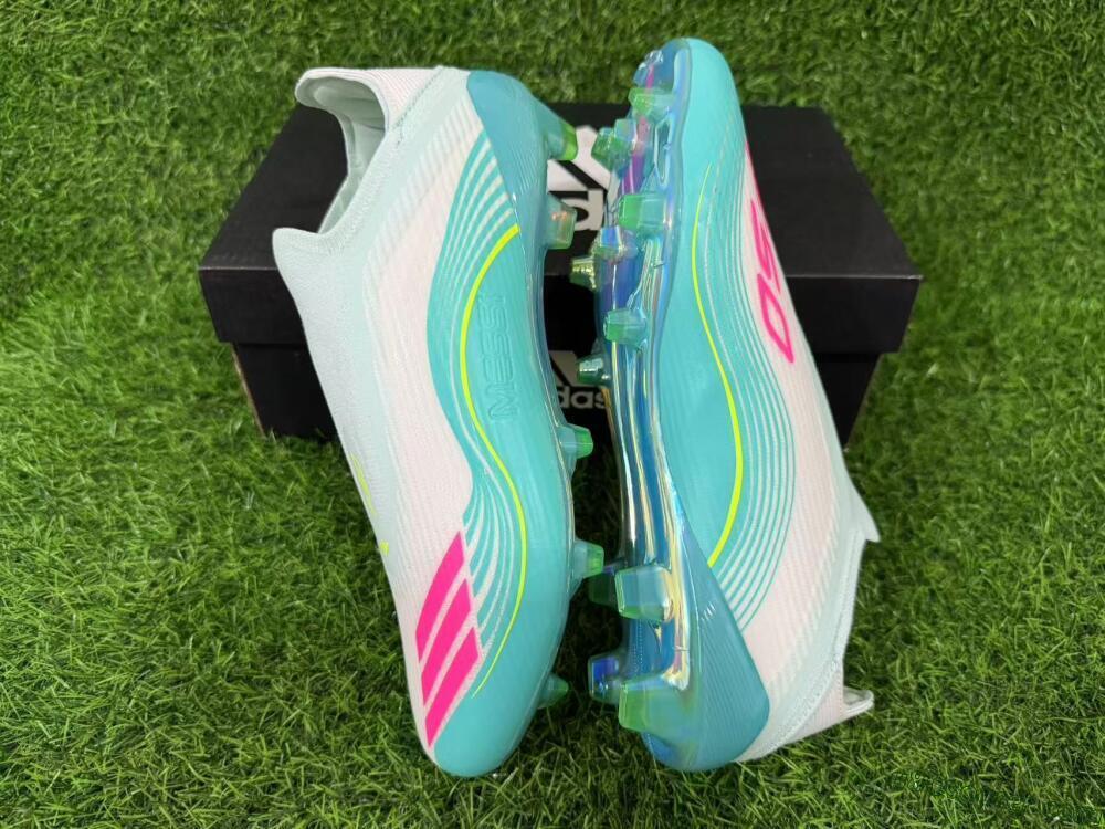Messi x Adidas F50 Elite Laceless FG Firm Ground Soccer Cleats - Aqua/Neon Green/Pink