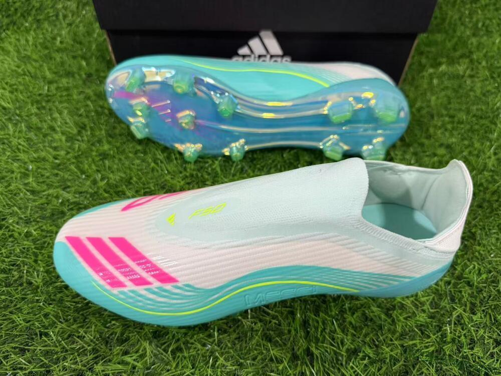 Messi x Adidas F50 Elite Laceless FG Firm Ground Soccer Cleats - Aqua/Neon Green/Pink