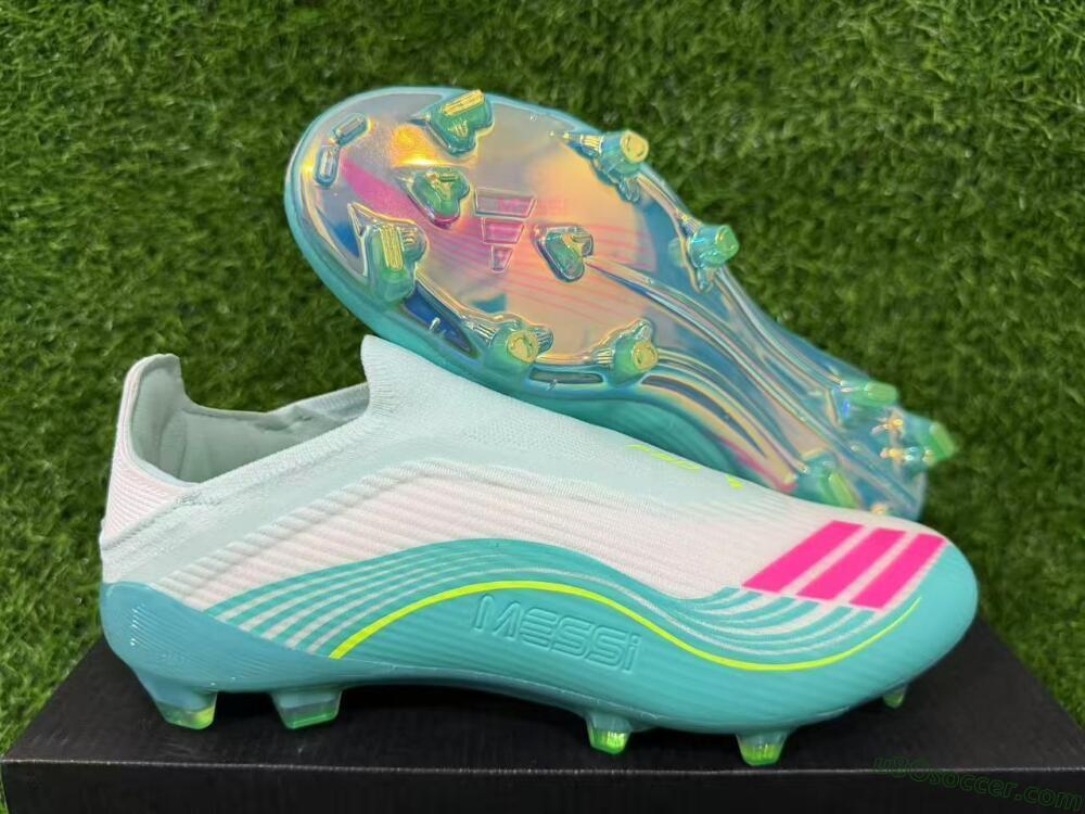 Messi x Adidas F50 Elite Laceless FG Firm Ground Soccer Cleats - Aqua/Neon Green/Pink