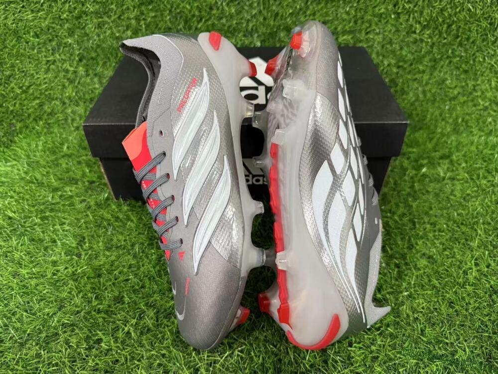 Adidas Predator 26 Elite FG Firm Ground Soccer Cleats - Gray/Bright Red/Metallic Silver