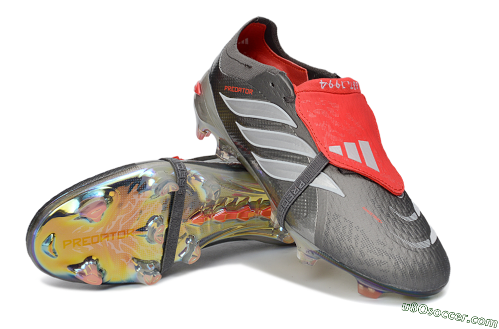 Adidas Predator 26 Elite Fold-Over Tongue FG Firm Ground Soccer Cleats - Gray/High Visibility Red/Metallic Silver 3