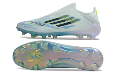 Adidas F50 Elite Laceless FG Firm Ground Soccer Cleats - White/Iridescent Blue/Iridescent Yellow