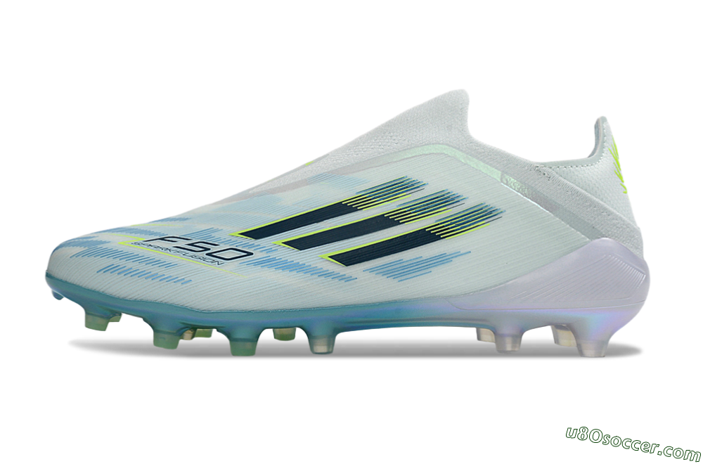 Adidas F50 Elite Laceless FG Firm Ground Soccer Cleats - White/Iridescent Blue/Iridescent Yellow 2