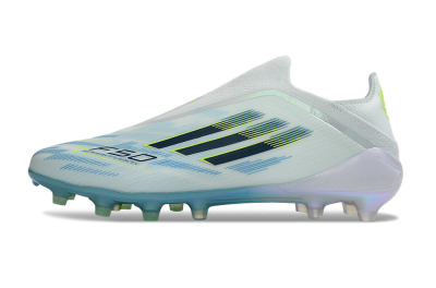 Adidas F50 Elite Laceless FG Firm Ground Soccer Cleats - White/Iridescent Blue/Iridescent Yellow