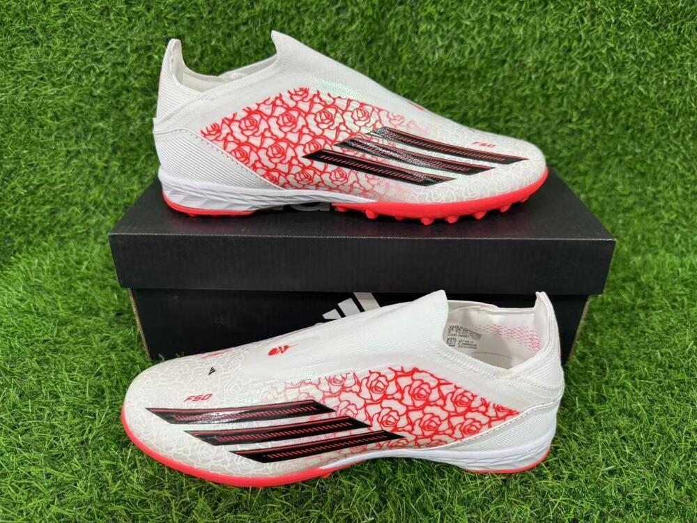 Adidas F50 Elite Laceless TF Artificial Turf Soccer Shoes - White/Coral Red/Silver