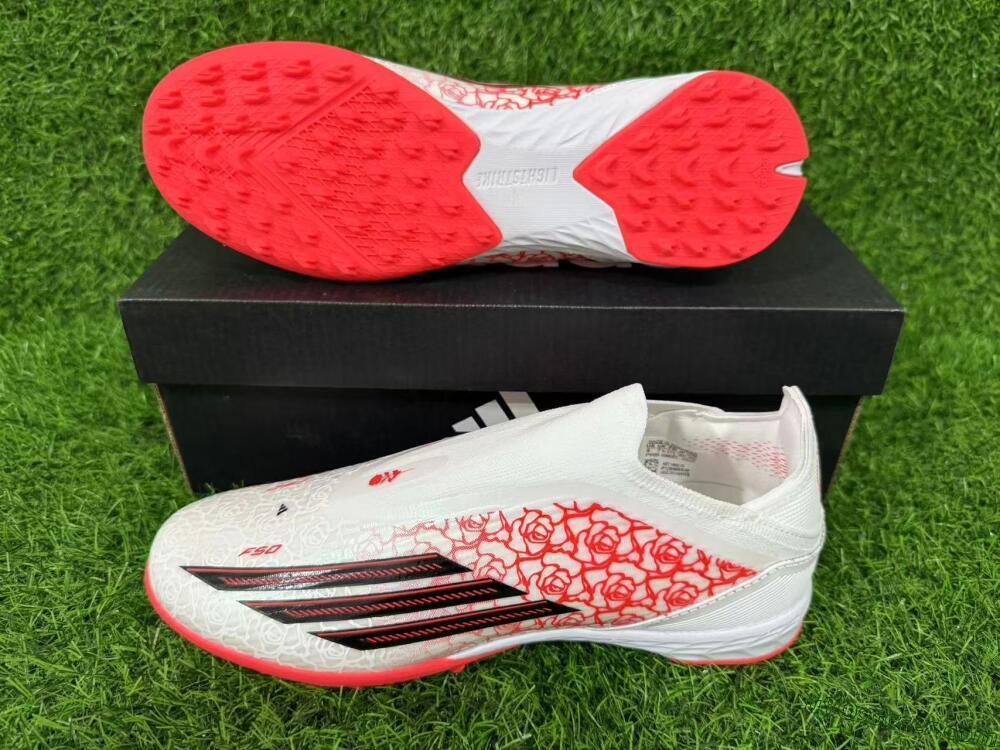 Adidas F50 Elite Laceless TF Artificial Turf Soccer Shoes - White/Coral Red/Silver