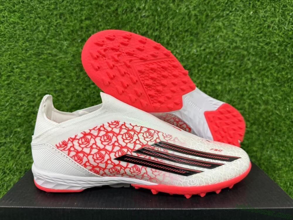 Adidas F50 Elite Laceless TF Artificial Turf Soccer Shoes - White/Coral Red/Silver