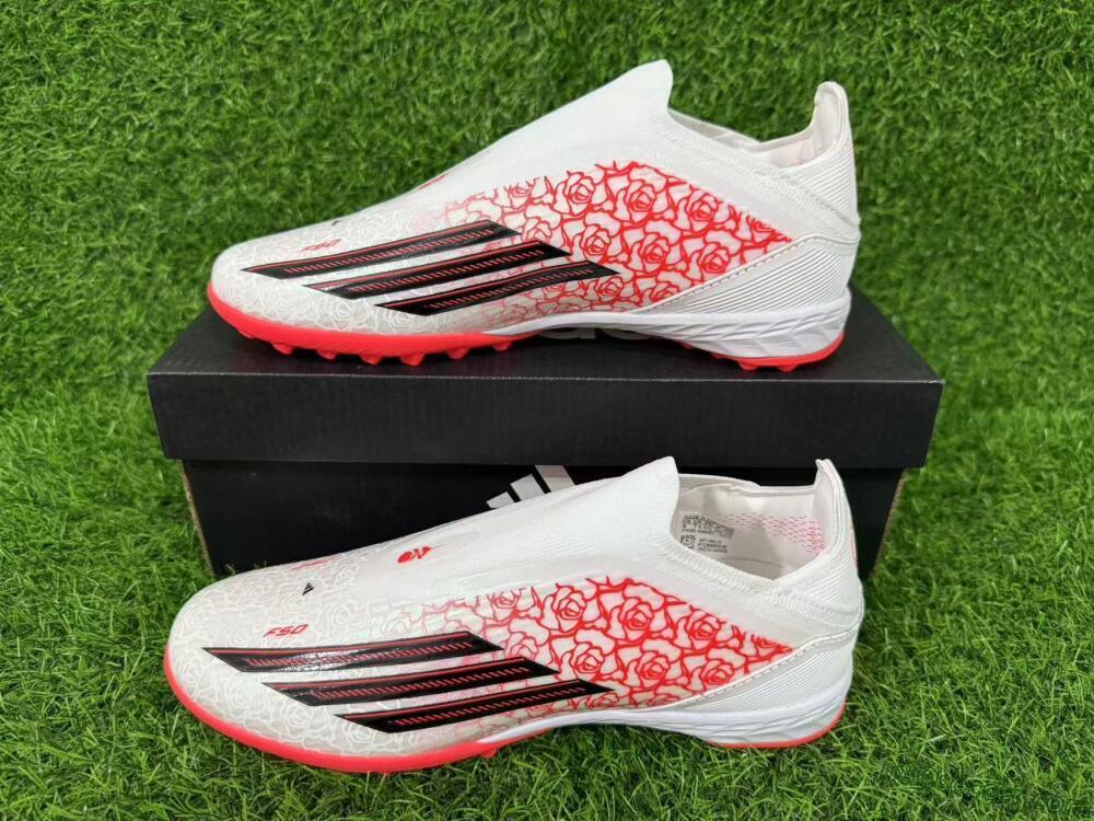 Adidas F50 Elite Laceless TF Artificial Turf Soccer Shoes - White/Coral Red/Silver