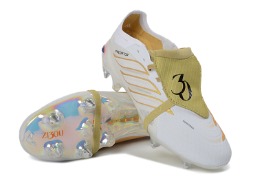 Adidas Predator 26 Elite Fold-Over Tongue SG Soft Ground Soccer Cleats - White/Gold Accents/Holographic Sole
