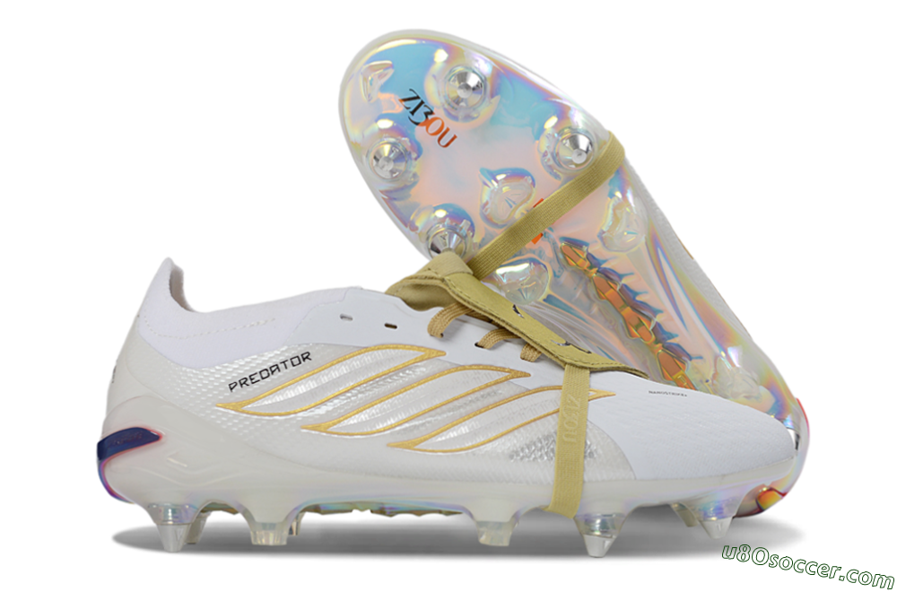 Adidas Predator 26 Elite Fold-Over Tongue SG Soft Ground Soccer Cleats - White/Gold Accents/Holographic Sole 1