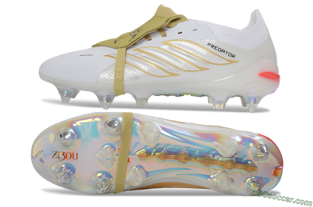 Adidas Predator 26 Elite Fold-Over Tongue SG Soft Ground Soccer Cleats - White/Gold Accents/Holographic Sole 0