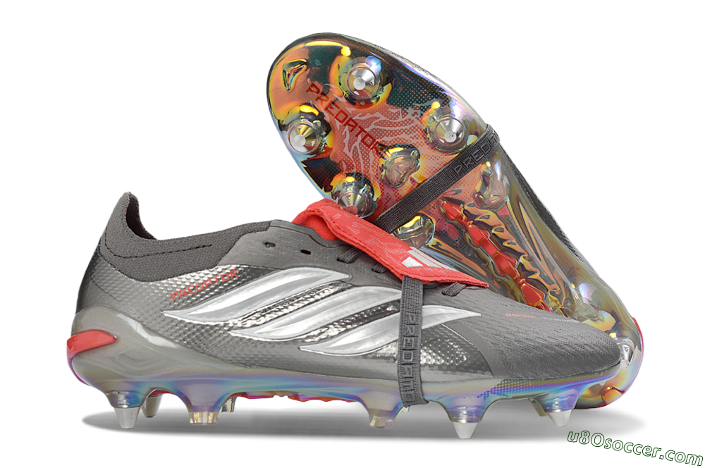 Adidas Predator 26 Elite Fold-Over Tongue SG Soft Ground Soccer Cleats - Gray/Electric Red/Metallic Silver 1