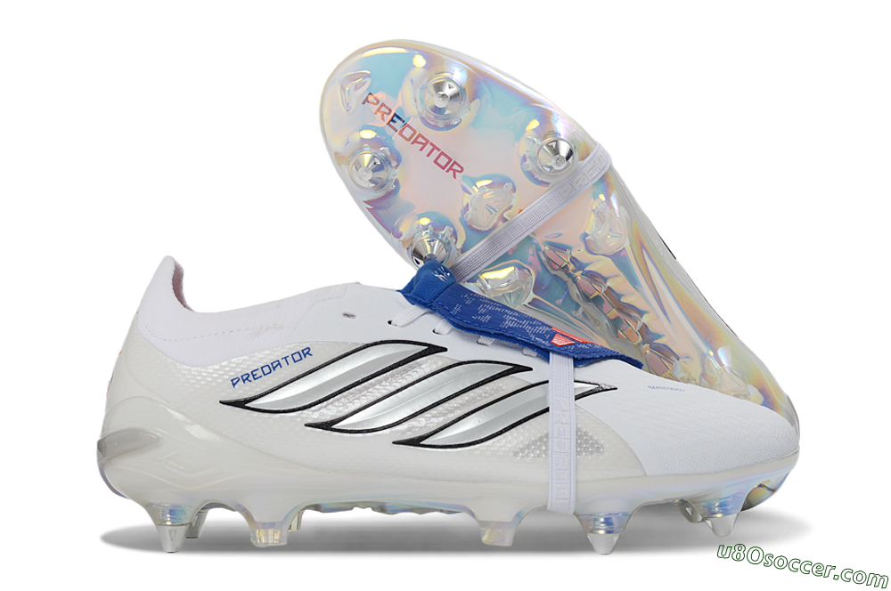 Adidas Predator 26 Elite Fold-Over Tongue SG Soft Ground Soccer Cleats - White/Electric Blue/Iridescent 1