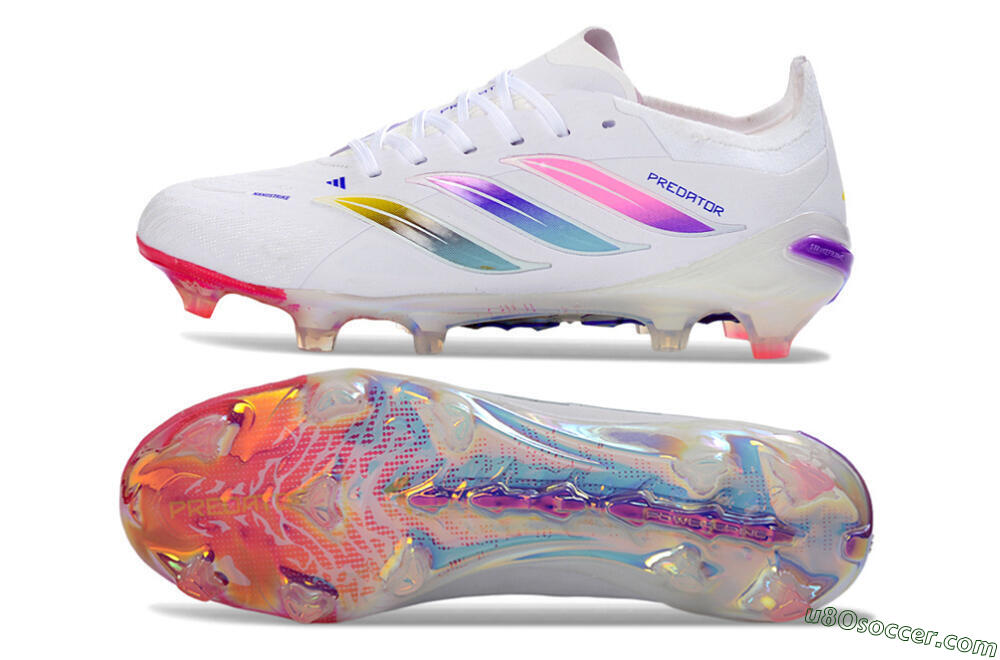 Adidas Predator 26 Elite FG Firm Ground Soccer Cleats - White/Iridescent Pink/Iridescent Blue 0