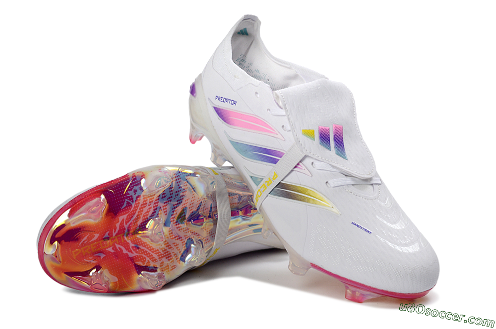 Adidas Predator 26 Elite Fold-Over Tongue FG Firm Ground Soccer Cleats - White/Iridescent Fusion/Neon Bright 3