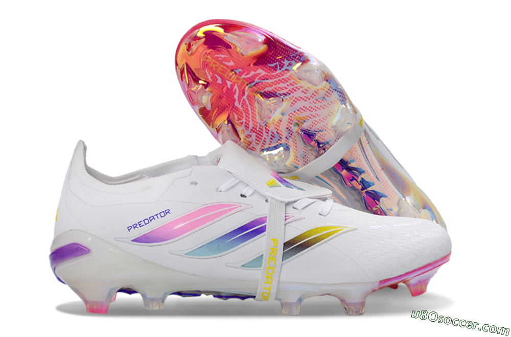 Adidas Predator 26 Elite Fold-Over Tongue FG Firm Ground Soccer Cleats - White/Iridescent Fusion/Neon Bright 1