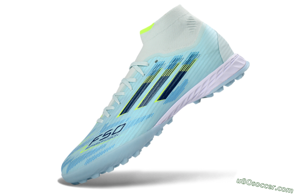 Adidas F50 Elite Mid TF Artificial Turf Soccer Shoes - Blue/Light Blue/Neon Yellow 5