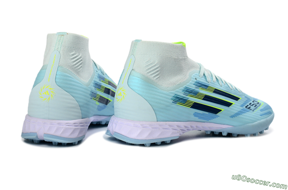 Adidas F50 Elite Mid TF Artificial Turf Soccer Shoes - Blue/Light Blue/Neon Yellow 6