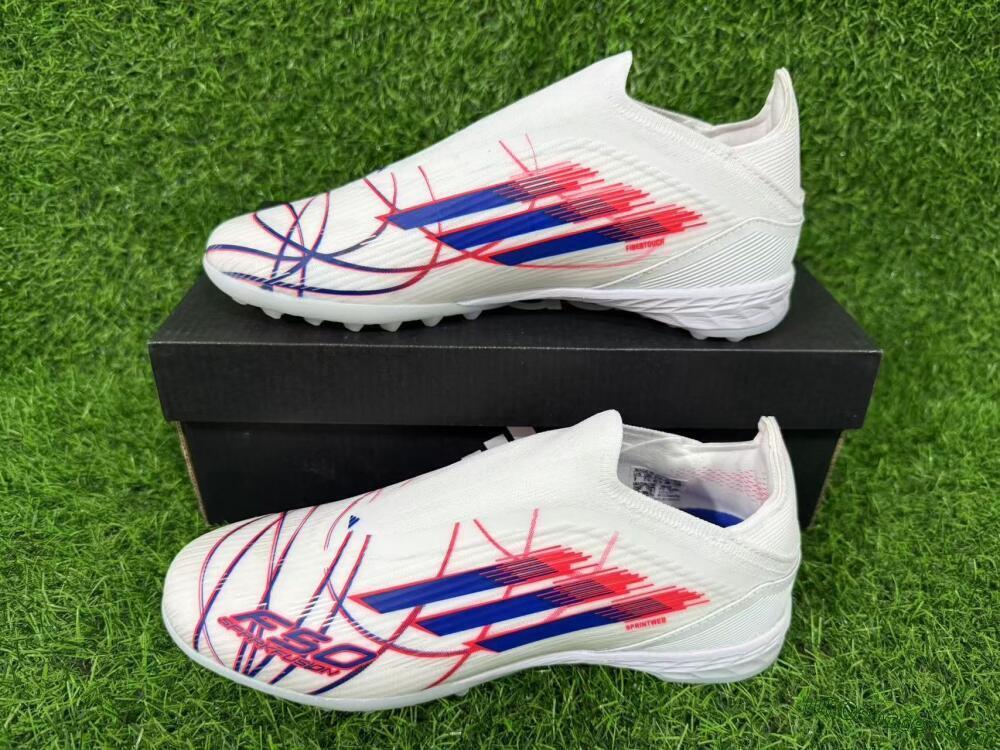 Adidas F50 Elite Laceless TF Artificial Turf Soccer Shoes - White/Electric Red/Navy Blue