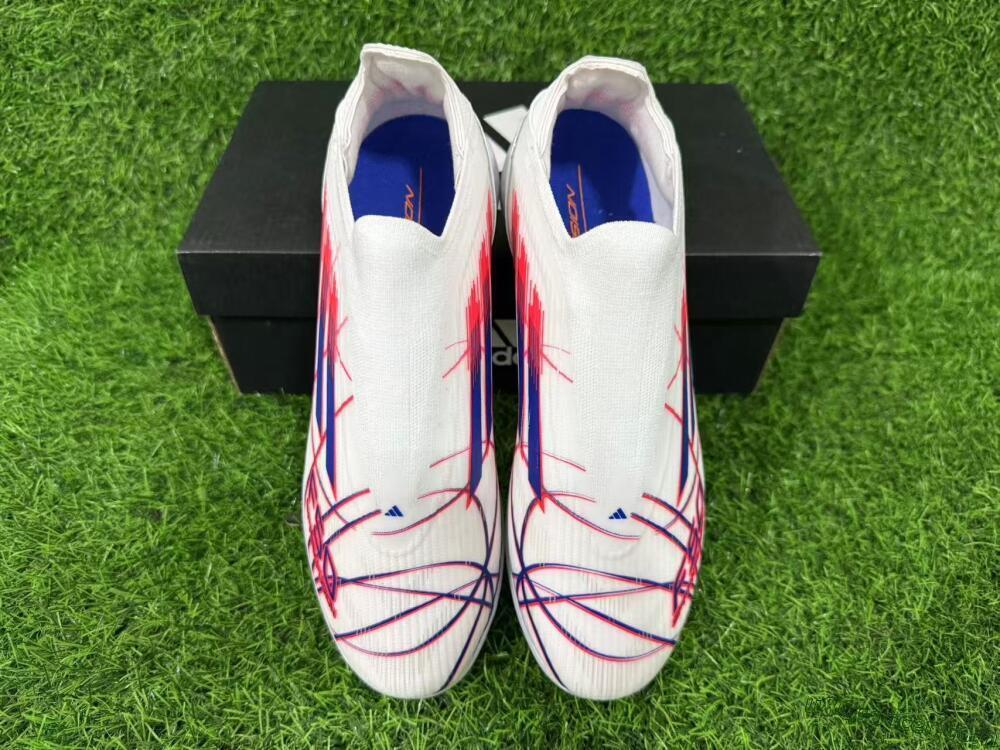 Adidas F50 Elite Laceless TF Artificial Turf Soccer Shoes - White/Electric Red/Navy Blue