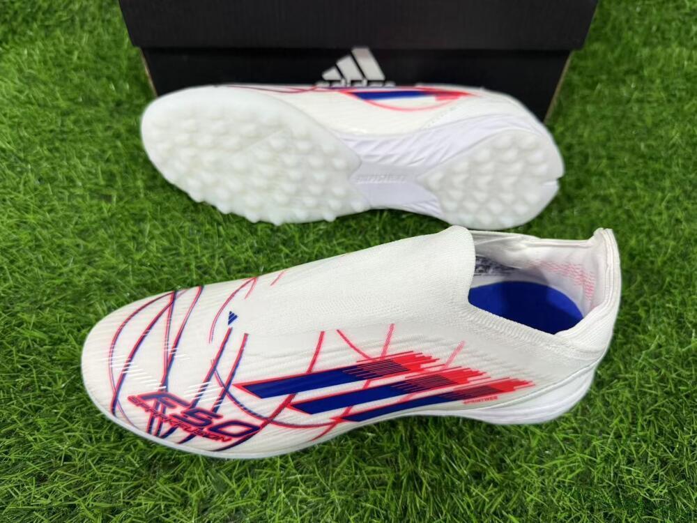 Adidas F50 Elite Laceless TF Artificial Turf Soccer Shoes - White/Electric Red/Navy Blue