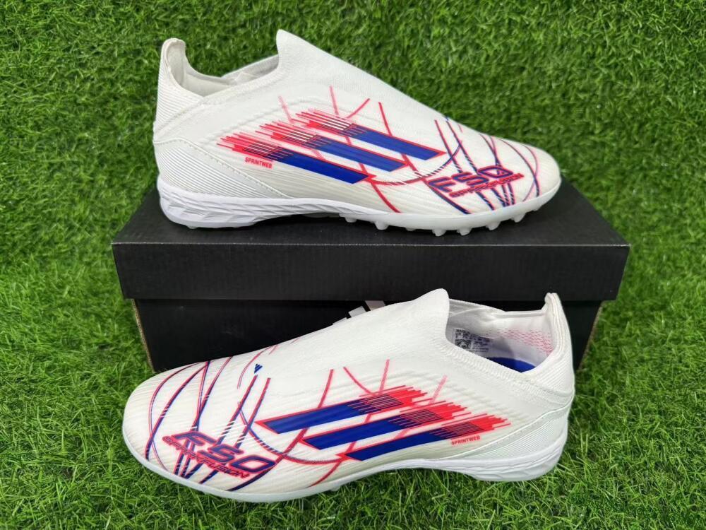 Adidas F50 Elite Laceless TF Artificial Turf Soccer Shoes - White/Electric Red/Navy Blue