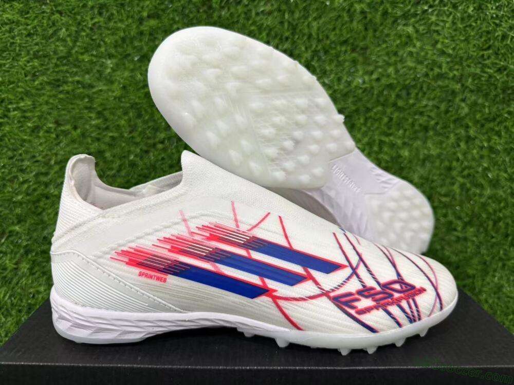 Adidas F50 Elite Laceless TF Artificial Turf Soccer Shoes - White/Electric Red/Navy Blue
