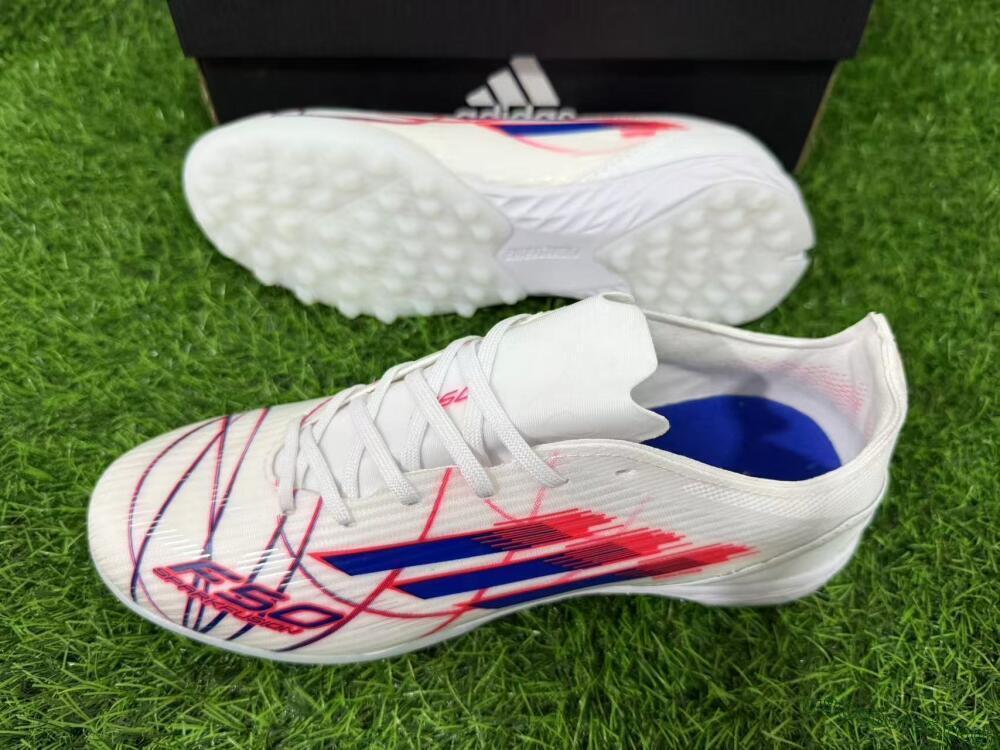 Adidas F50 Pro TF Artificial Turf Soccer Shoes - White/Electric Blue/Crimson Red