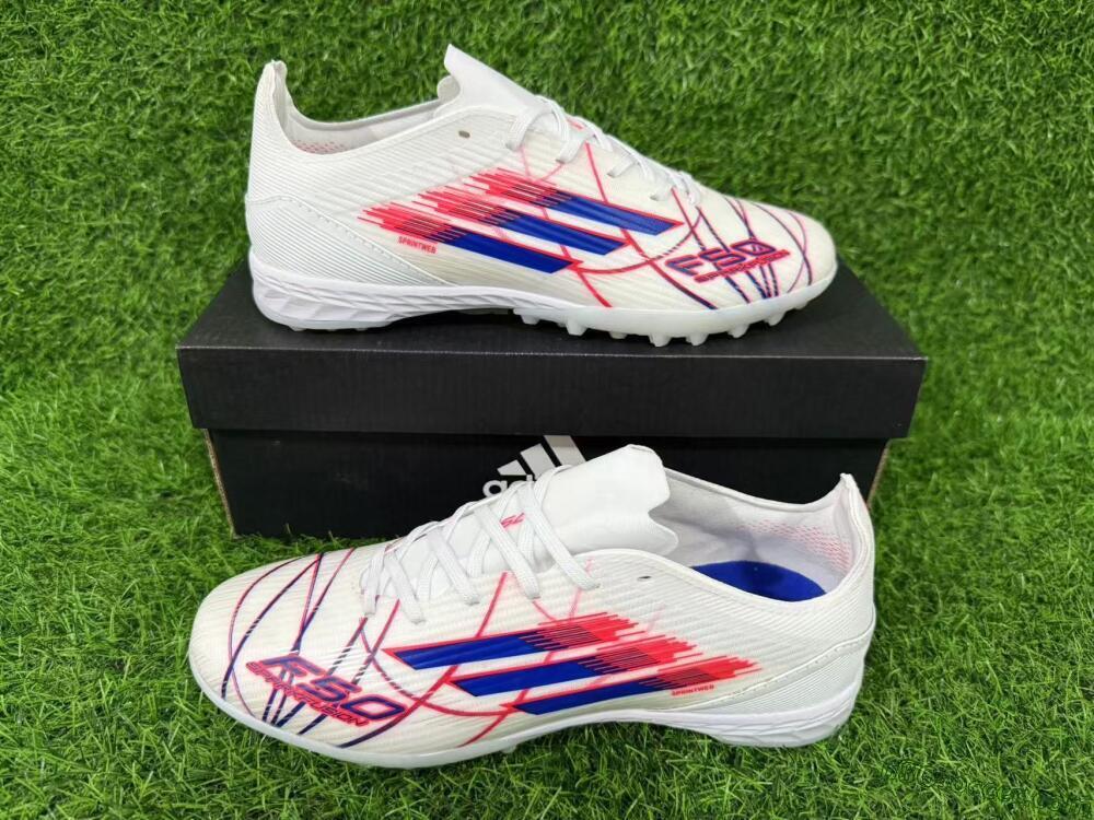 Adidas F50 Pro TF Artificial Turf Soccer Shoes - White/Electric Blue/Crimson Red