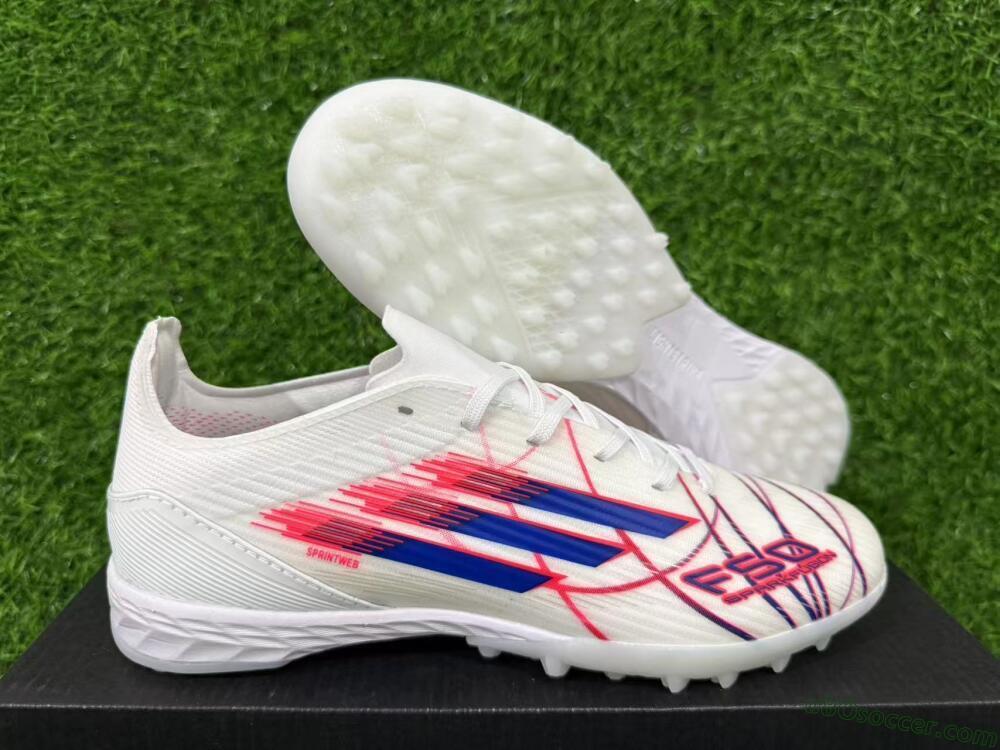 Adidas F50 Pro TF Artificial Turf Soccer Shoes - White/Electric Blue/Crimson Red