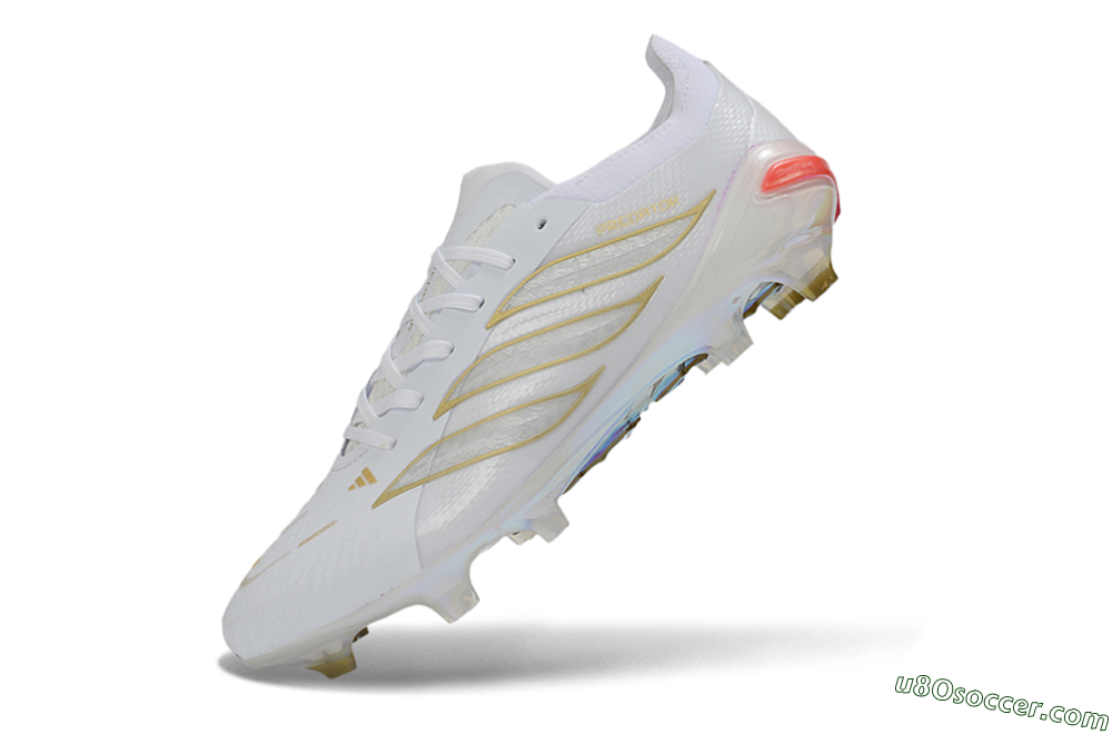 Adidas Predator 26 Elite FG Firm Ground Soccer Cleats - White/Golden Accent/Iridescent Sole 5