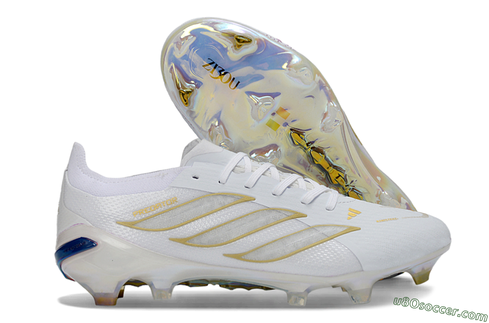 Adidas Predator 26 Elite FG Firm Ground Soccer Cleats - White/Golden Accent/Iridescent Sole 1
