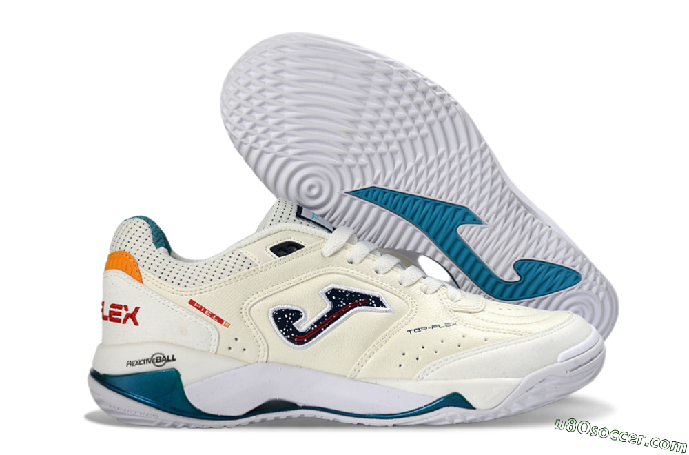 Joma Top Flex IC Indoor & Futsal Soccer Shoes - White/Teal/Sunset Orange 1