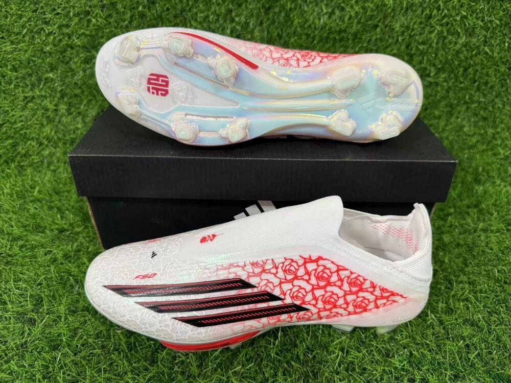 Adidas F50+ Elite Lightstrike Pro Laceless FG Firm Ground Soccer Cleats - White/Crimson Glow/Black Shadow