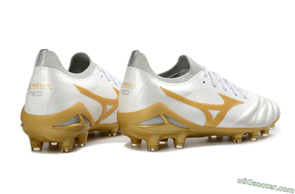 Mizuno Morelia Neo 4 FG Firm Ground Soccer Cleats - White/Golden Glow/Soft Grey 6