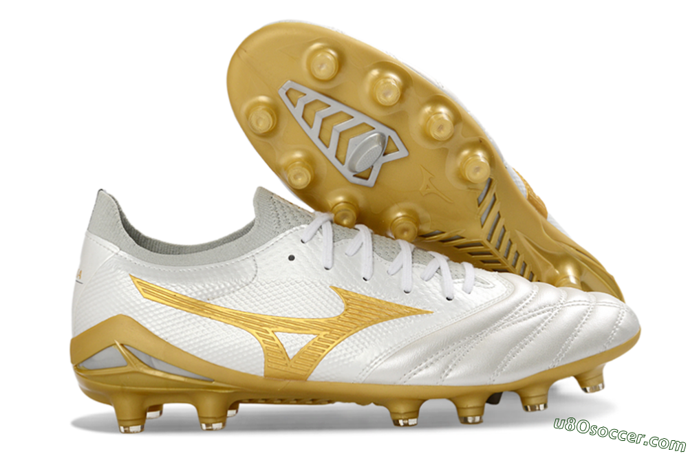 Mizuno Morelia Neo 4 FG Firm Ground Soccer Cleats - White/Golden Glow/Soft Grey 1
