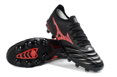 Mizuno Morelia Neo 4 FG Firm Ground Soccer Cleats - Black/Crimson Red/Graphite Grey