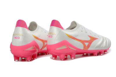 Mizuno Morelia Neo 4 FG Firm Ground Soccer Cleats - White/Neon Pink/Sunny Yellow