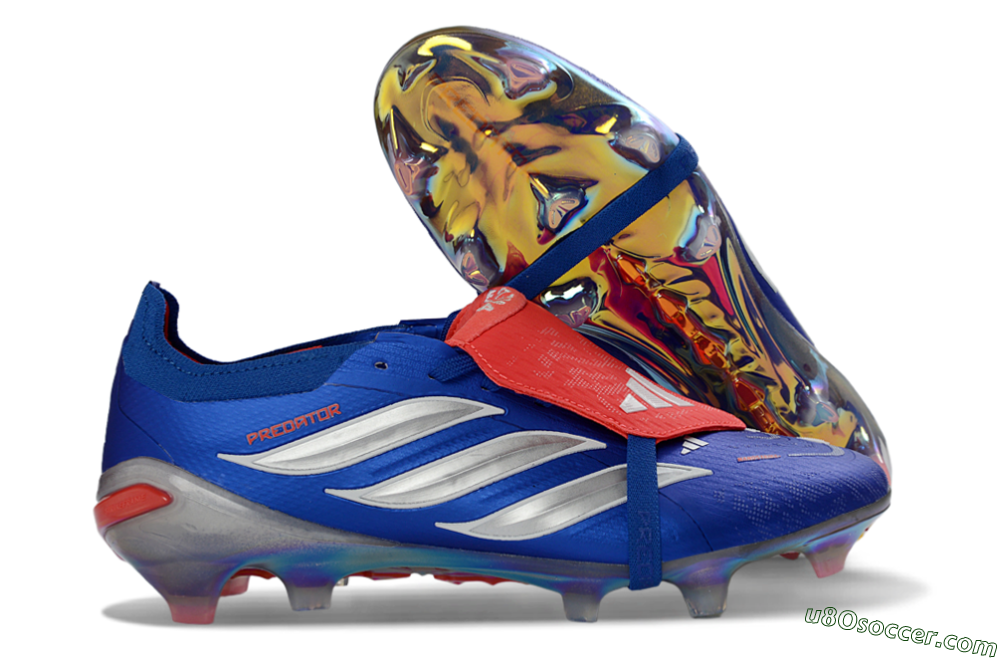 Adidas Predator 26 Elite Fold-Over Tongue FG Firm Ground Soccer Cleats - Blue/Red Flame/Metallic Silver 1
