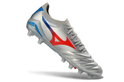 Mizuno Morelia Neo 4 FG Firm Ground Soccer Cleats - Silver/Vivid Red/Flashy Blue