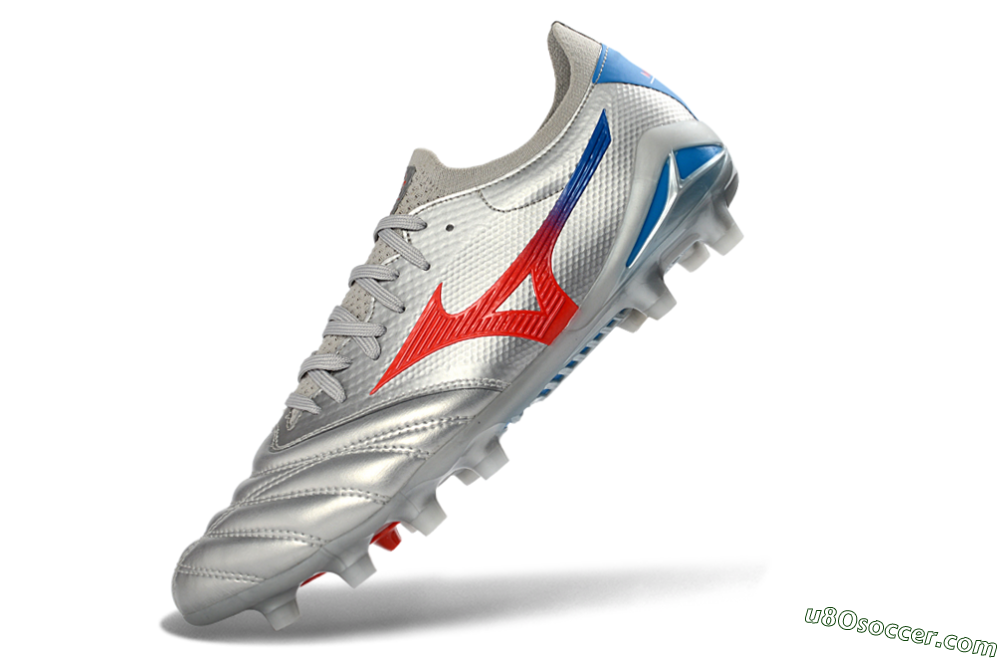 Mizuno Morelia Neo 4 FG Firm Ground Soccer Cleats - Silver/Vivid Red/Flashy Blue 5